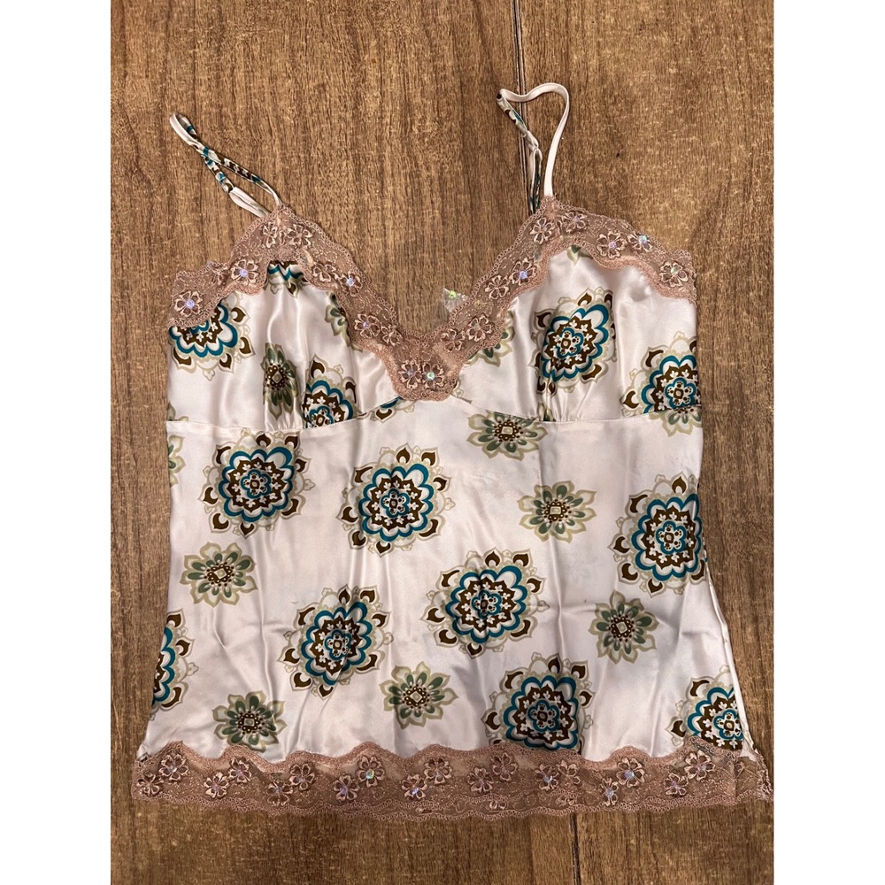 Vintage Y2K Ninety White Boho Paisley Silk Camisole W Lace And Sequins Sz MD NWT